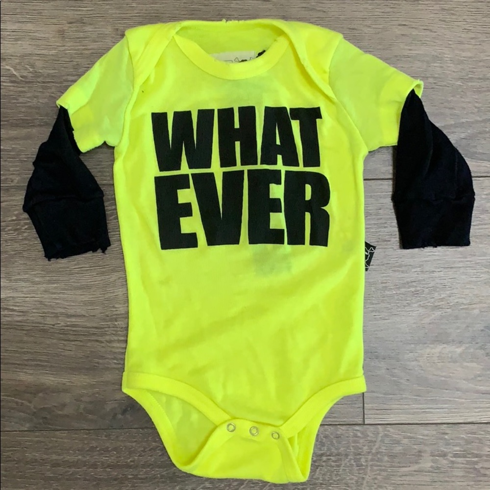 nununu Neon Yellow “WHATEVER” Onesie Sz 0-6m